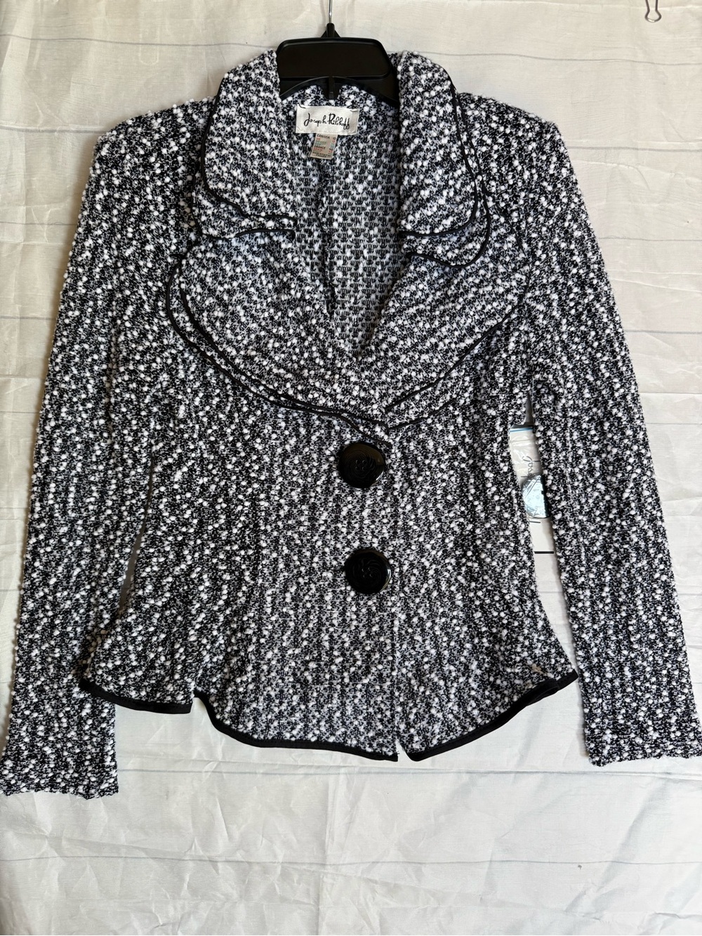 Joseph Ribkoff Black and White Textured Knit Blazer tweed ruffled collar jacket - Picture 1 of 16